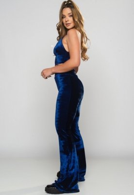 Calça Flare MVB Modas Pantalona Veludo Molhado Azul
