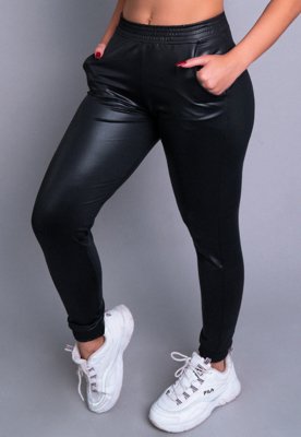 Calça Jogger Cirrê MVB Modas Couro Hot Pants Preta