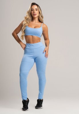 Calça Legging MVB Modas Cintura Alta Recortes Texturizada Jacquard Azul
