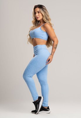 Calça Legging MVB Modas Cintura Alta Recortes Texturizada Jacquard Azul