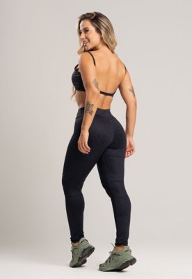 Calça Legging MVB Modas Cintura Alta Recortes Texturizada Jacquard Preto