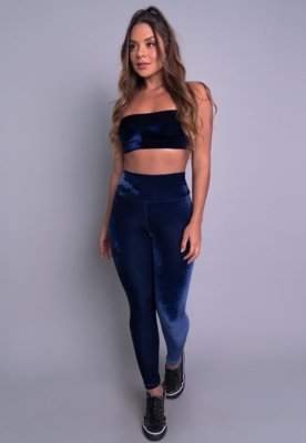 Calça Legging MVB Modas Cintura Alta Veludo Molhado Azul