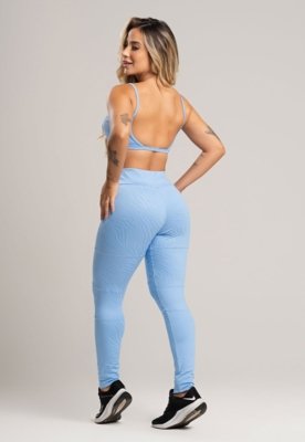 Calça Legging MVB Modas Recortes Textura Jacquard Cintura Alta Azul