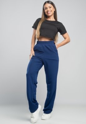 Calça MVB Modas Pantalona Flare Franzida Wide Leg Moletinho Azul