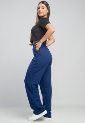 Calça MVB Modas Pantalona Flare Franzida Wide Leg Moletinho Azul