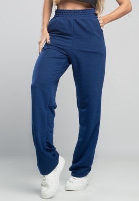 Calça MVB Modas Pantalona Flare Franzida Wide Leg Moletinho Azul