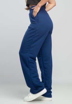 Calça MVB Modas Pantalona Flare Franzida Wide Leg Moletinho Azul