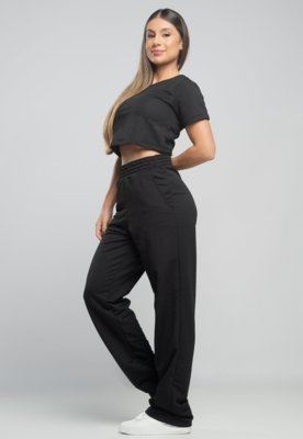 Calça MVB Modas Pantalona Flare Franzida Wide Leg Moletinho Preto