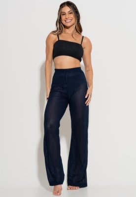 Calça MVB Modas Saída de Praia Pantalona Furadinha Renda Azul