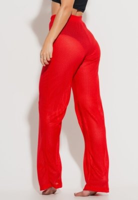Calça MVB Modas Saída de Praia Pantalona Furadinha Renda Vermelho