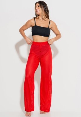 Calça MVB Modas Saída de Praia Pantalona Furadinha Renda Vermelho