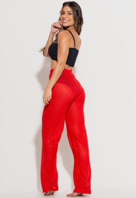Calça MVB Modas Saída de Praia Pantalona Furadinha Renda Vermelho
