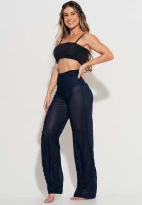 Calça Pantalona MVB Modas Saída de Praia Renda Furadinha Azul