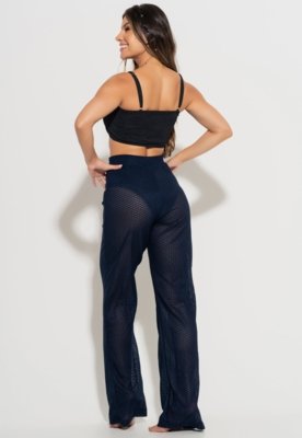 Calça Pantalona MVB Modas Saída de Praia Renda Furadinha Azul