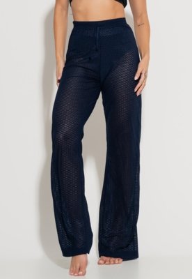 Calça Pantalona MVB Modas Saída de Praia Renda Furadinha Azul