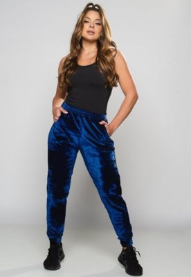 Calça Ribana Jogger MVB Modas Veludo Feminina Cintura Alta Azul