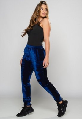 Calça Ribana Jogger MVB Modas Veludo Feminina Cintura Alta Azul
