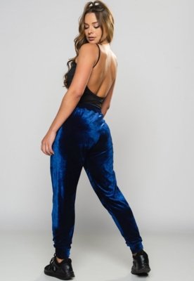 Calça Ribana Jogger MVB Modas Veludo Feminina Cintura Alta Azul