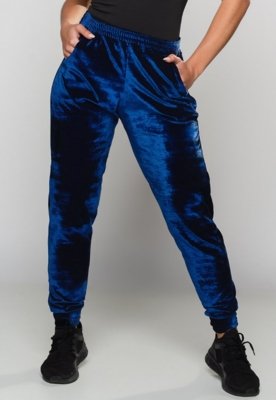 Calça Ribana Jogger MVB Modas Veludo Feminina Cintura Alta Azul