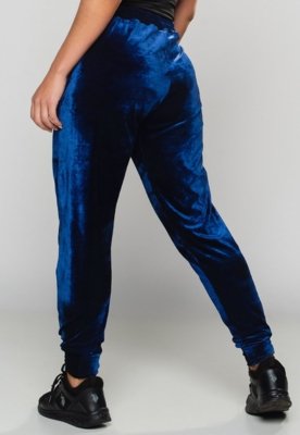 Calça Ribana Jogger MVB Modas Veludo Feminina Cintura Alta Azul