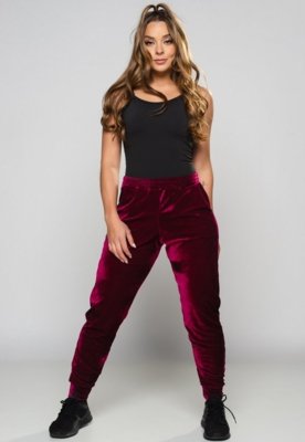 Calça Ribana Jogger MVB Modas Veludo Feminina Cintura Alta Vinho