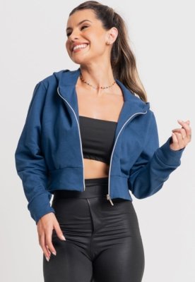 Casaco MVB Modas Bomber Ziper Moletom Cropped Flanelado Inverno Azul