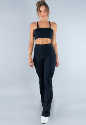 Conjunto Feminino MVB Modas Calça Flare Feminina e Top Faixa com Alça Preta