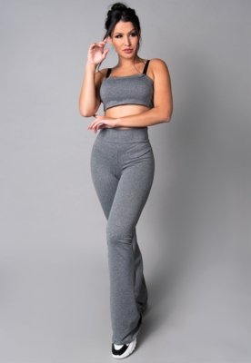 Conjunto MVB Modas Calça Flare Feminina e Top Faixa com Alça Suplex Liso Cinza