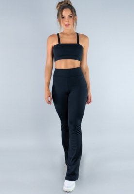 Conjunto MVB Modas Calça Flare Feminina e Top Faixa com Alça Suplex Liso Preto