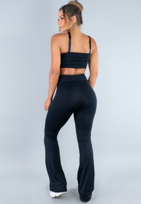 Conjunto MVB Modas Calça Flare Feminina e Top Faixa com Alça Suplex Liso Preto