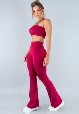 Conjunto MVB Modas Calça Flare Feminina e Top Faixa com Alça Suplex Liso Vinho