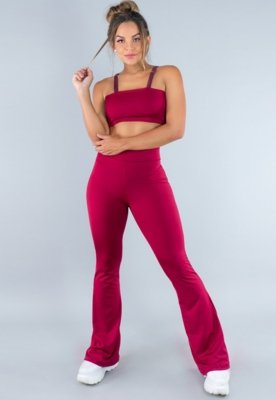 Conjunto MVB Modas Calça Flare Feminina e Top Faixa com Alça Suplex Liso Vinho