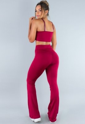 Conjunto MVB Modas Calça Flare Feminina e Top Faixa com Alça Suplex Liso Vinho