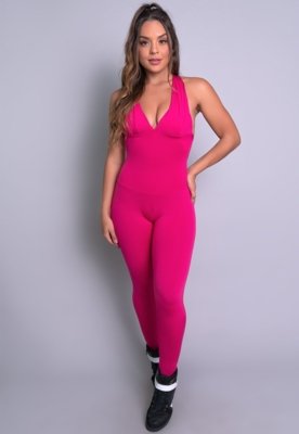 Macacão Longo MVB Modas Bojo Fitness Suplex Liso Rosa