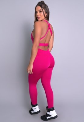 Macacão Longo MVB Modas Bojo Fitness Suplex Liso Rosa