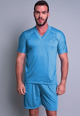 Pijama Curto MVB Modas Manga Curta e Short Adulto Azul Claro