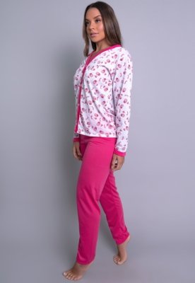 Pijama Longo MVB Modas Aberto Blusa Com Botões E Calça Adulto Rosa