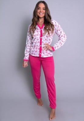 Pijama Longo MVB Modas Aberto Blusa Com Botões E Calça Adulto Rosa