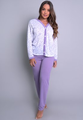 Pijama MVB Modas Aberto Blusa Com Botões E Calça Roxo Menor preço em Pijama MVB Modas Aberto Blusa Com Botões E Calça Roxo