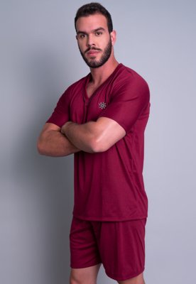 Pijama MVB Modas Adulto Curto Manga Curta e Short Vinho