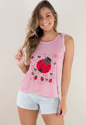 Pijama MVB Modas Adulto Estampado Shortdoll Cinza Vermelho Menor preço em Pijama MVB Modas Adulto Estampado Shortdoll Cinza Vermelho