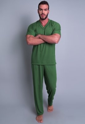 Pijama MVB Modas Longo Adulto Manga Curta E Calça Azul Verde