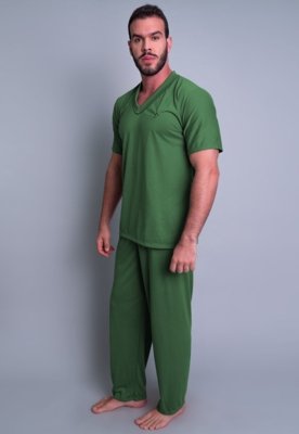 Pijama MVB Modas Longo Adulto Manga Curta E Calça Azul Verde