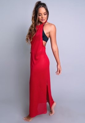 Saída De Praia Longa MVB Modas Vestido Renda Moda Praia Vermelho