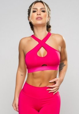 Top MVB Modas Cropped Cruzado Recorte Suplex Rosa