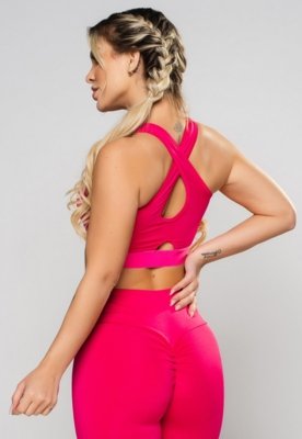 Top MVB Modas Cropped Cruzado Recorte Suplex Rosa