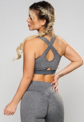Top MVB Modas Cropped Suplex Cruzado Decote Recorte Cinza