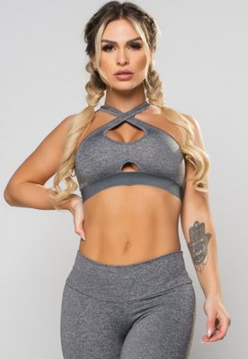 Top MVB Modas Cropped Suplex Cruzado Decote Recorte Cinza