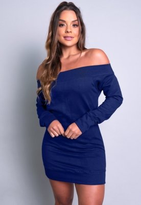 Vestido MVB Modas Manga Longa Moletom Flanelado Ombro a Ombro Azul