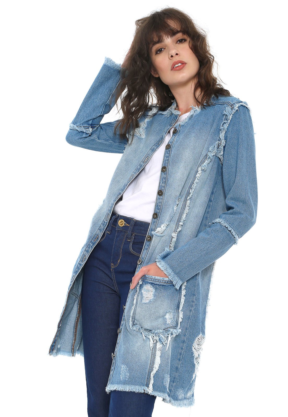 jaqueta jeans alongada feminina